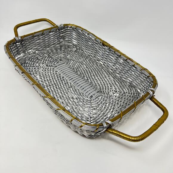 Vintage Mid Century Casserole Holder Woven Aluminum Brass Table Serving Basket - Picture 1 of 15